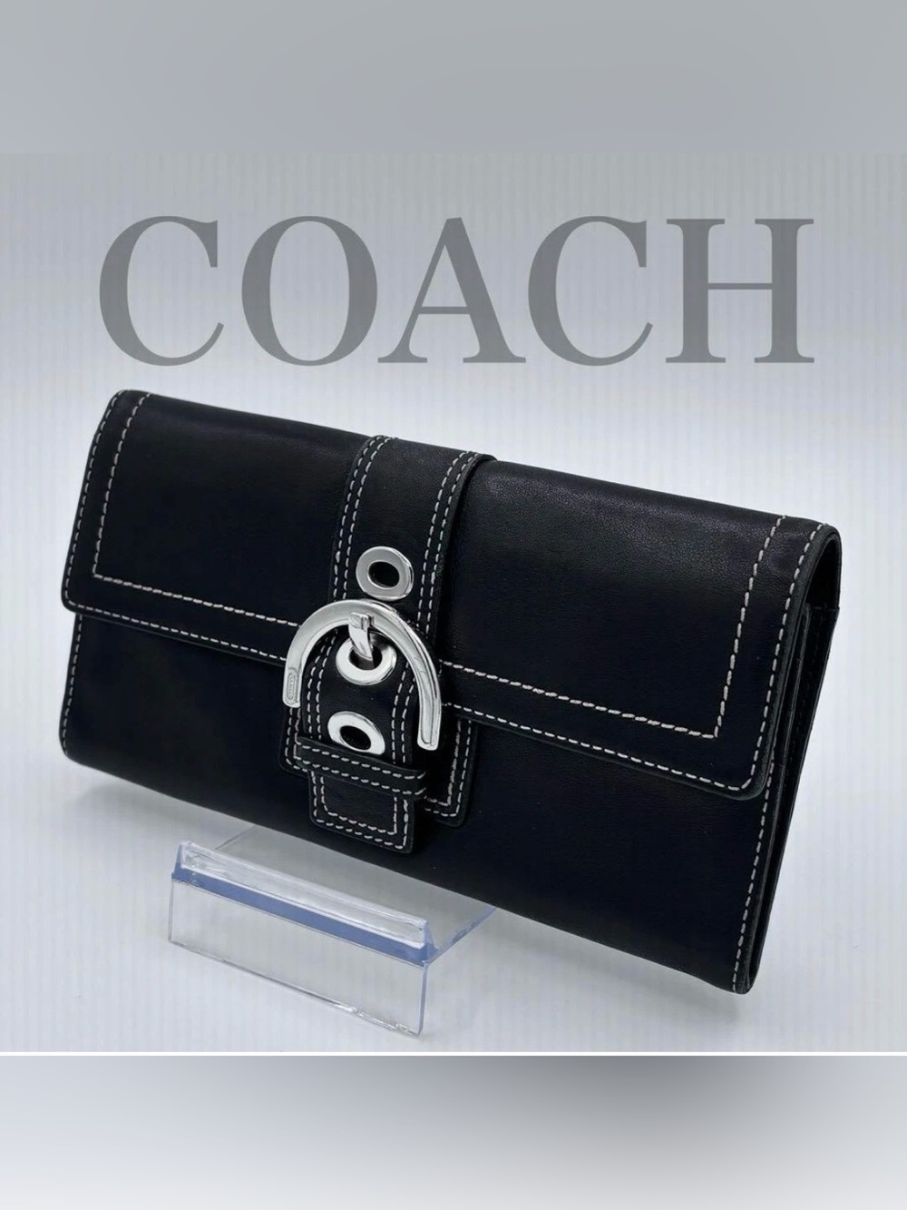 Coach Black Leather Continental Wallet with Silver Buckle